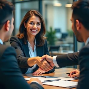 Professional Business Meeting with Handshake in Modern Corporate Office Setting